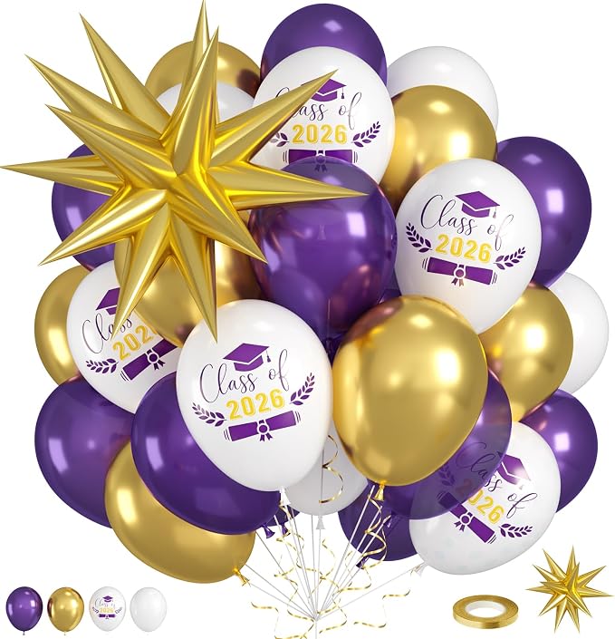 60pcs Purple Gold Graduation Balloons, Class Of 2026 Hat Printed Balloon by Saxuxu