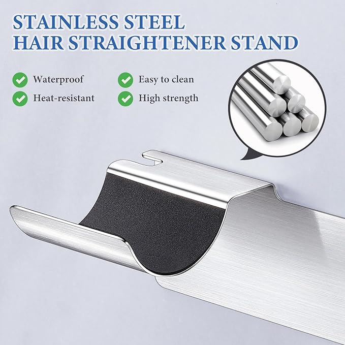Wall Mount Curling Iron Holder and Hair Tool Organizer with Adhesive, Multifunctional Hot Flat Iron and Hair Straightener Holder Storage Stand for Vanity, Cabinet and Wall, Silver