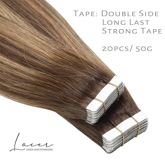 Lacer 16 Inch Tape in Hair Extensions Chocolate Brown to Dark Caramel Blonde Seamless Skin Wefts Rooted Tape in Hair Extensions 50 Grams 20Pcs
