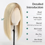 Full Hand Tied Hair Toppers for Women Remy Human Hair Lace Front Topper 14 Inch 6"×6" Partial wig Cover Thinning Hair or Loss No Bangs Top Hair Pieces (Blonde Mixed)