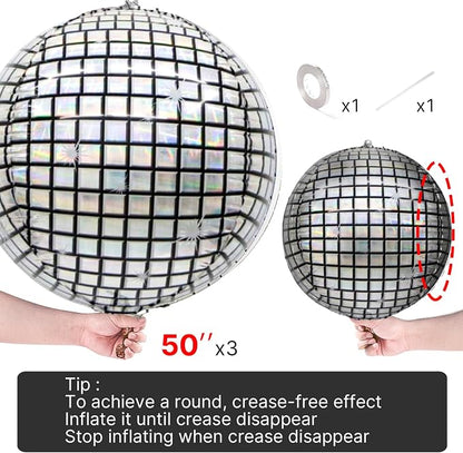 PartyWoo Silver Disco Ball Large Giant 4D Jumbo Foil Balloons 3pcs 50 Inch | 50 - Image 4