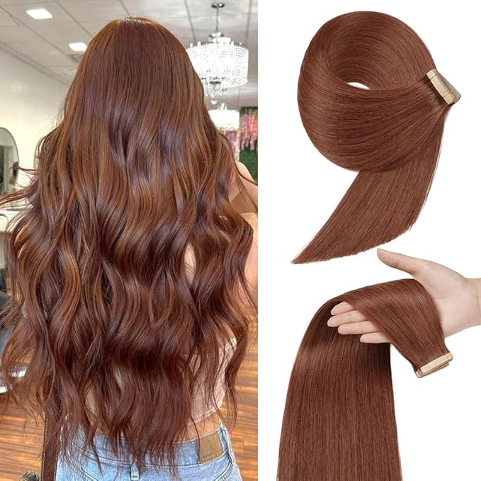 Tape in Hair Extensions Human Hair 20pcs 18Inch Dark Auburn Straight Remy Human Hair for Women Seamless Remy Tape in Hair Extensions(33#, 18 Inch)