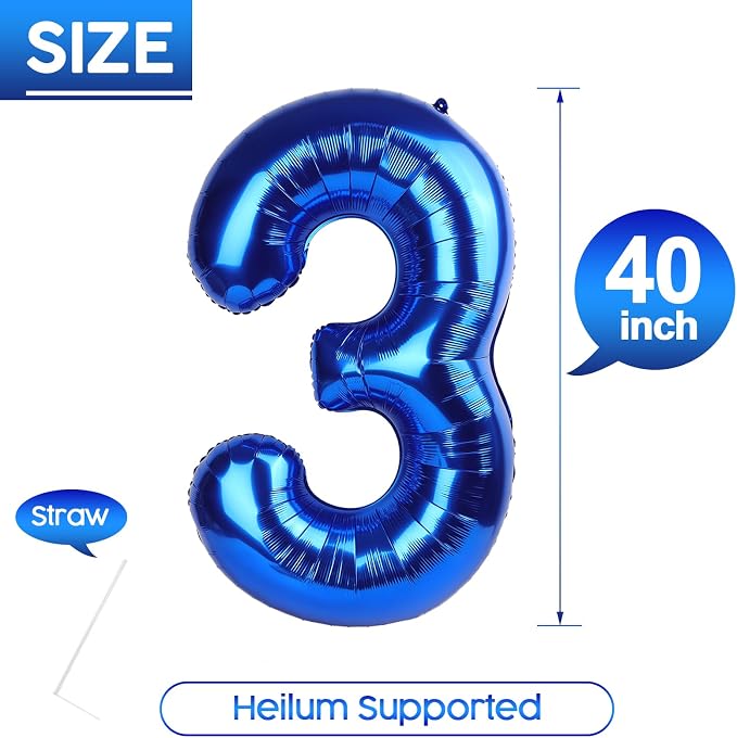 3 Balloon - Metallic Blue Birthday Number Balloons, 40 Inch Decorations | - Image 5