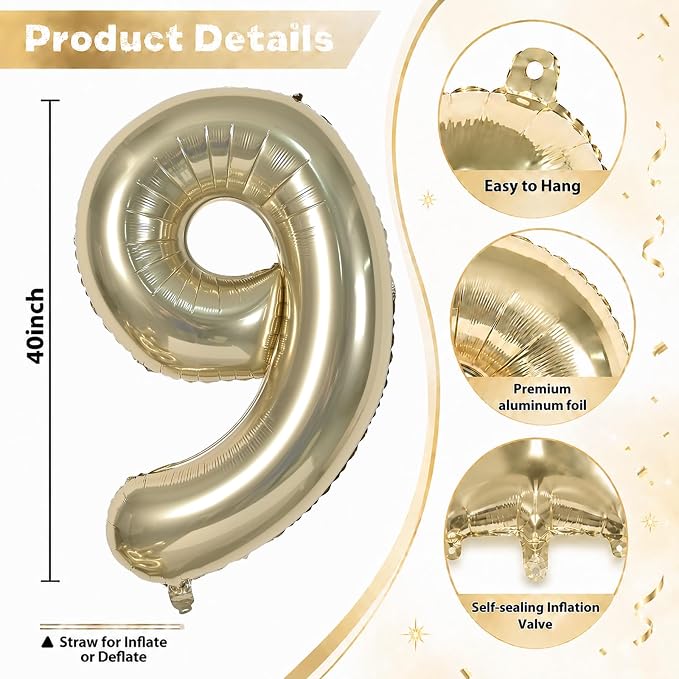 40 Inch Champagne Gold Number 19 Balloon, Light Gold Large Self Inflating Foil - Image 2