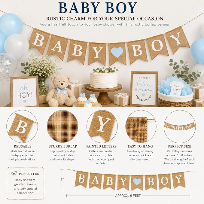 “Baby Boy” Burlap Banner – 5" x 7" Pre-Assembled Jute Flags - Image 2