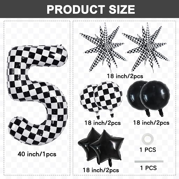 TONIFUL 5th Birthday Balloons Kit 40 Inch Checkered Number 5 Foil Balloon | - Image 2