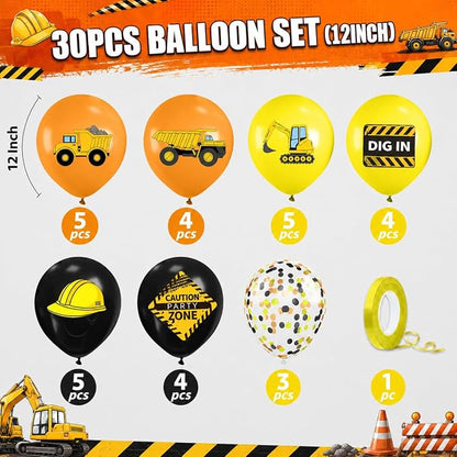 Construction Balloons, 12 Inch Black Yellow Orange Truck Printed Confetti - Image 2