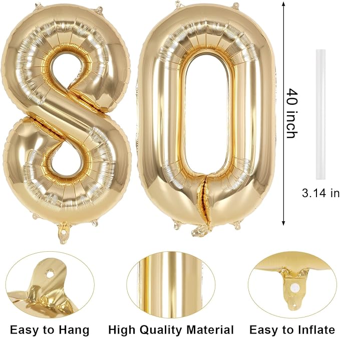Champagne Gold Large Number 80 Balloon, 40 Inch Light Gold Foil Helium Number - Image 2