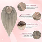 Real Human Hair Toppers for Women 3.54"*4.72" Silky Base 150% Density No Bangs Adjustable Parting Clip-In Topper Hairpieces for Women with Thinning Hair 12 Inches White Mixed Natural Black