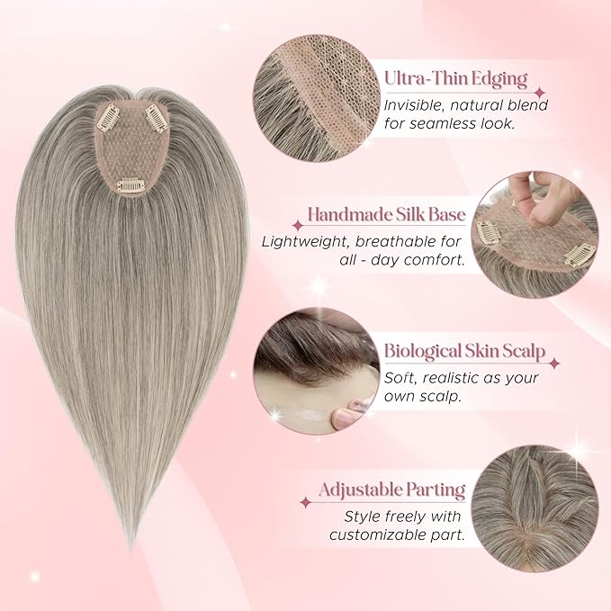 Real Human Hair Toppers for Women 3.54"*4.72" Silky Base 150% Density No Bangs Adjustable Parting Clip-In Topper Hairpieces for Women with Thinning Hair 12 Inches White Mixed Natural Black