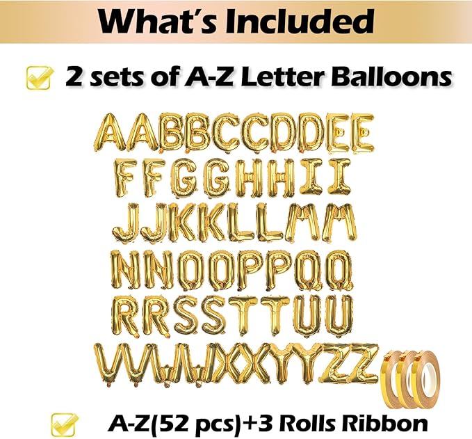 52Pcs 16 Inch Gold Letter Balloons, Reusable Shiny A-Z Foil Balloon Letters | - Image 2