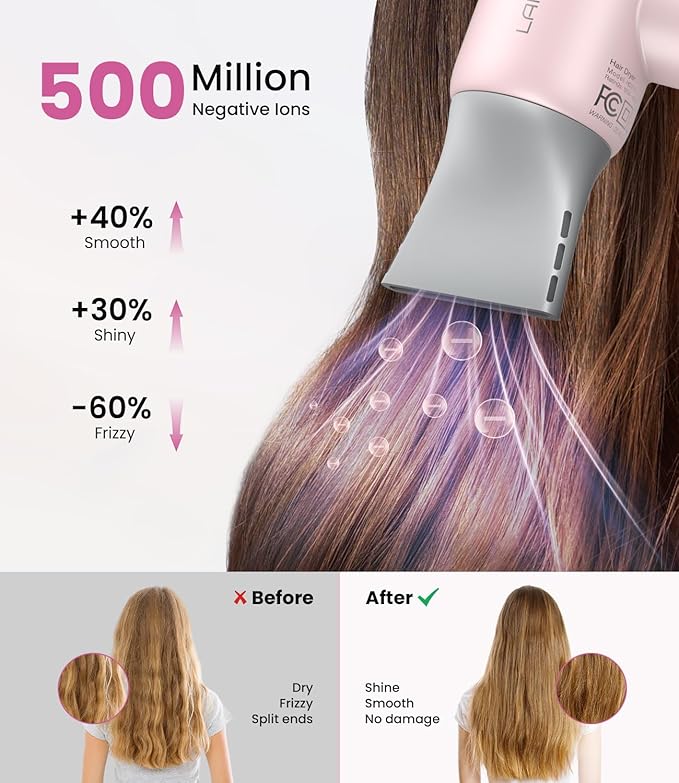 Hair Dryer,150000 RPM Blow Dryer with 500M Negative Ions, Lightweight Ionic Travel Hair Dryer with Magnetic Diffuser & Nozzle for Fast Drying, Low Noise Brushless Motor for Salon & Home Use,Pink