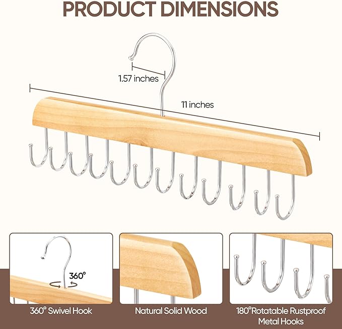 【2 Pack】 Wood Hair Extension Holder for Hair Storing, Washing, Drying, Coloring, Styling, Foldable Belt Hanger, Rotating Multi-Purpose Hooks Hanger, Hanging Closet Organizer