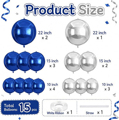 15 Pcs Navy Blue and Silver Round Foil Balloons, 22/15/10 Inch 4D Ball Balloons - Image 2