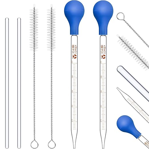 Weewooday Glass Droppers Pipettes Graduated Lab Dropper Glass Liquid Pipette with Big Rubber Hats 20 cm Stir Rod Washing Brush Transfer for Liquid Essential Oil(8 Pieces,Blue,10 ml)