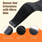 Full Shine Tape in with Holes Color Black 12Inch Tape in Hair Extensions Human Hair Invisible Seamless Human Hair Tape in Extensions 20Pcs 30G for Women Straight No Glue No Clips Thin Hair