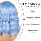 Short Bob Wigs with Bangs for Women Loose Wavy Wig Curly Wavy Shoulder Length Bob Synthetic Cosplay Wig for Girl Colorful Costume Wigs (Light Blue)