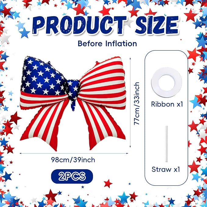 2 PCS Patriotic Bow Foil Balloons, 38 Inch Large American Flag Balloons - Image 2