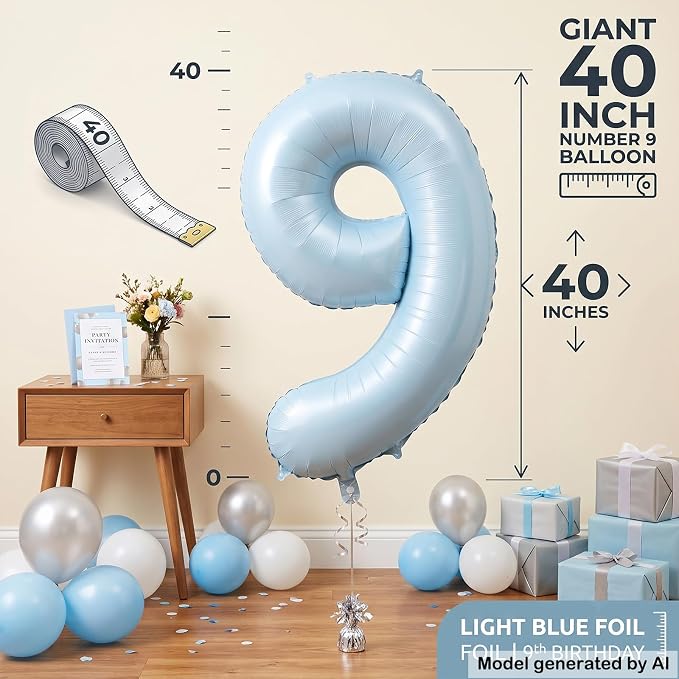 40 Inch Light Blue Number 9 Foil Balloon - Image 4