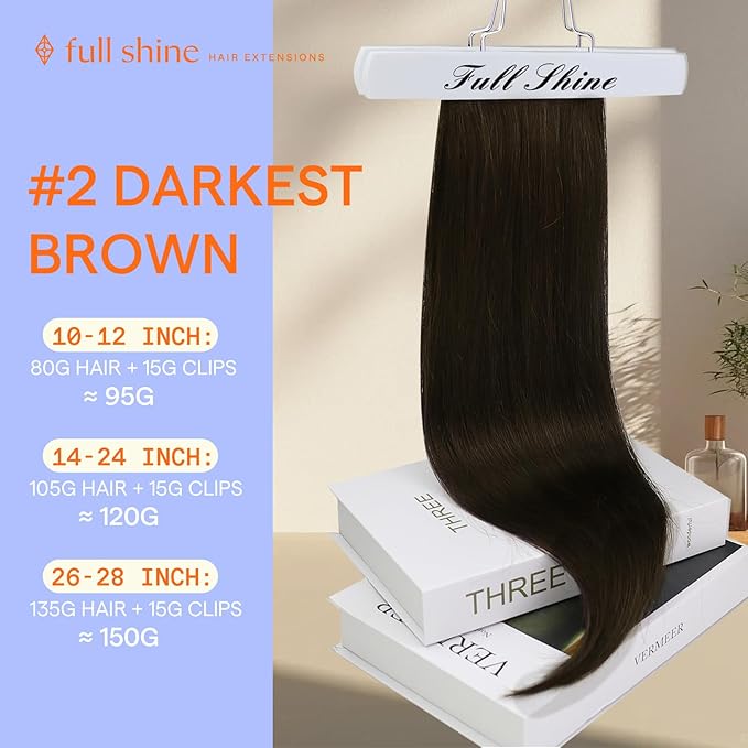 Full Shine Brown Human Hair Clip in Extensions Dark Brown Clip in Hair Extensions Real Human Hair Triple Weft Brunette Hair Extensions for Women Straight 14 Inch 7 Pcs 120 G