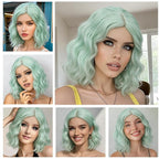 BUFASHION 14" Women Short Mint Green Kinky Straight Cosplay Synthetic Wigs With Air Bangs 46 Colors Available (Mint Green)