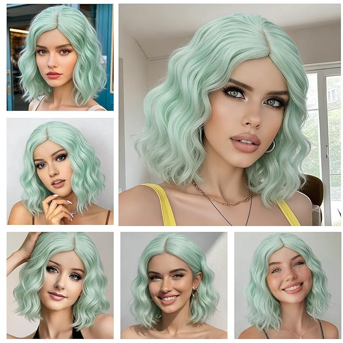 BUFASHION 14" Women Short Mint Green Kinky Straight Cosplay Synthetic Wigs With Air Bangs 46 Colors Available (Mint Green)