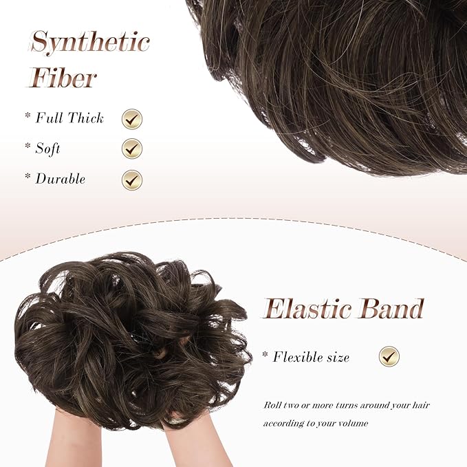 FESHFEN Messy Bun Hair Piece - Elastic Wavy Curly Hair Bun Scrunchies Extensions Synthetic Chignon Hairpieces for Women Girls, Mixed Chocolate Brown 1.5 oz