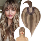 Rich Choices Real Human Hair Toppers for Women With Bang 100% Remy Human Hair Topper for Thinning Hair Clip in Silk Base Hair Topper 6 Inch #4P27 Medium Brown Mix Dark Blonde