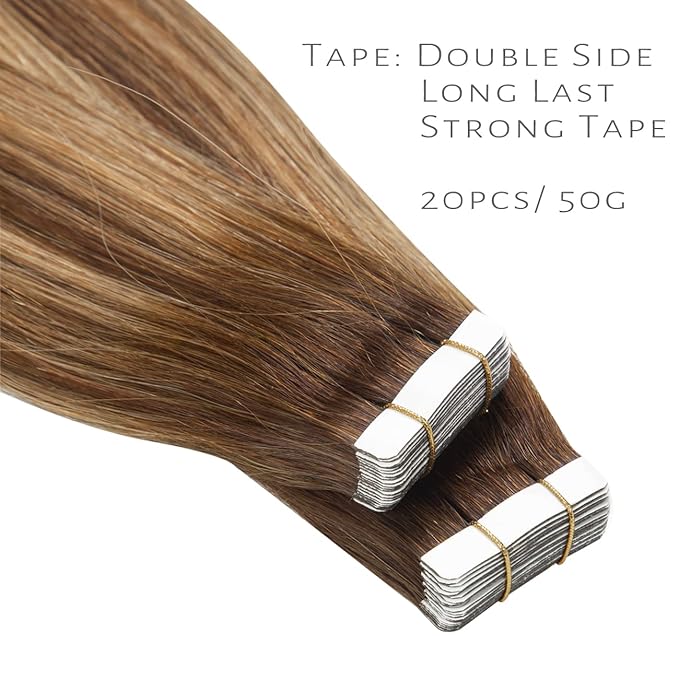 Lacer Tape in Hair Extensions Real Human Hair 20 Pieces 50 Grams Chocolate Brown to Strawberry Blonde Highlights with Chocolate Brown Roots R#4-4/27 22 Inches