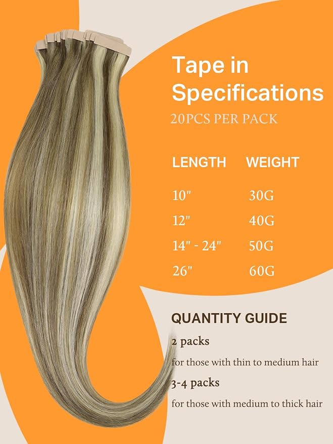 DOORES Human Hair Tape in Hair Extensions, Light Brown Highlighted Medium Blonde 18 Inch 50g 20pcs, Tape in Hair Extensions Remy Straight Hair Skin Weft