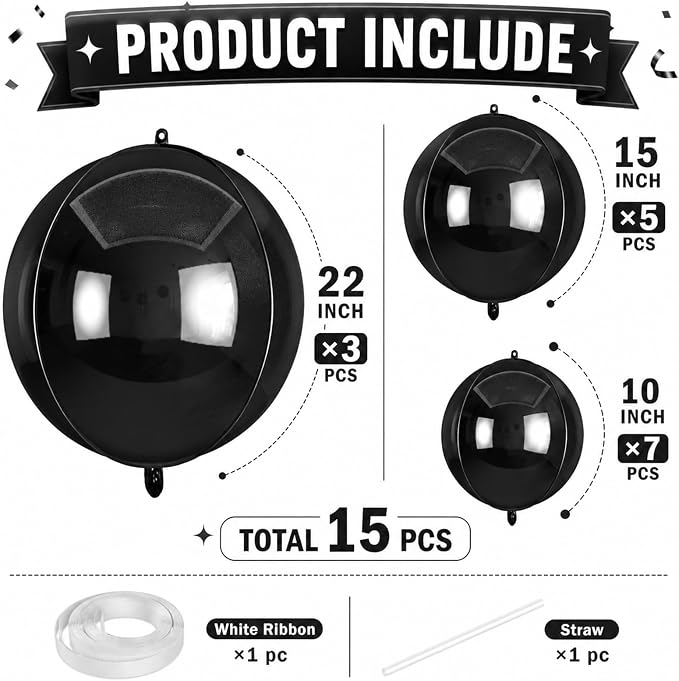 15 Pcs Black Round Foil Balloons, 22/15/10 Inch 4D Ball Balloons Black Ball - Image 2
