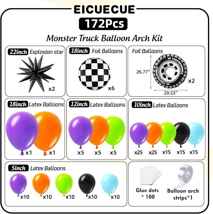 Monster Truck Balloon Arch Kit -172Pcs Different Size Green Purple Orange Black - Image 2