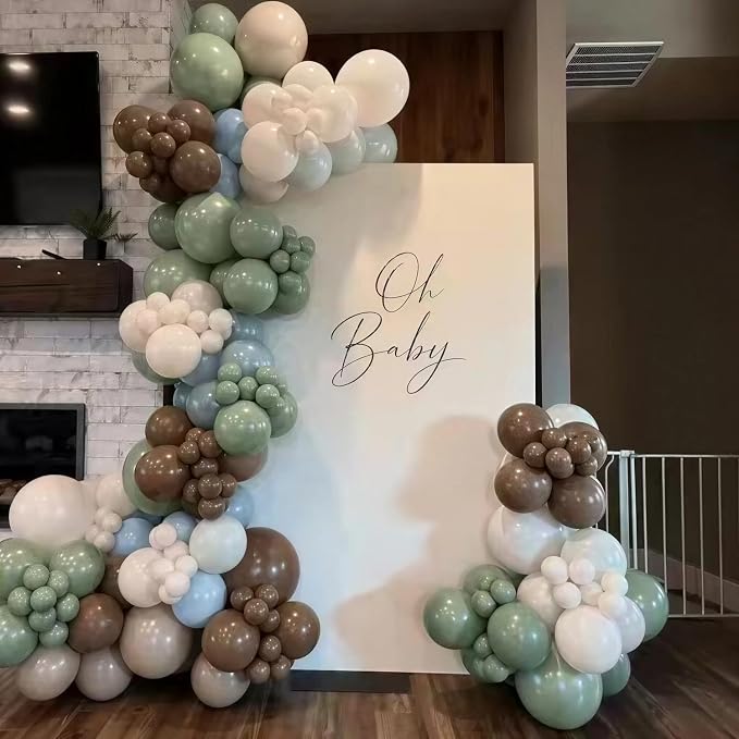 Sage Green Blue Brown Balloons for Jungle Woodland Baby Shower Decorations | - Image 3