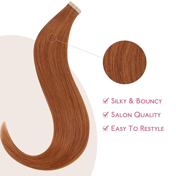 WENNALIFE Tape in Hair Extensions Human Hair Dirty Ginger Tape in Extensions, 10pcs 30g 26 inch Remy Invisible Tape Ins Straight Colored Soft Real Human Hair Tape in Extensions Refill Set Extensions