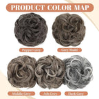 CJL HAIR 2PCS Messy Bun Hair Pieces Wavy Curly Synthetic Updo Chignon Fake Scrunchies Ponytail Extension for Women Pepper Brown