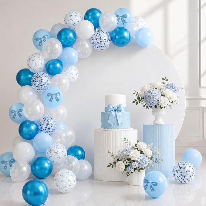 Blue Bow Balloons, Metallic Macaron Preal White Balloon Bow Print Balloon - Image 6