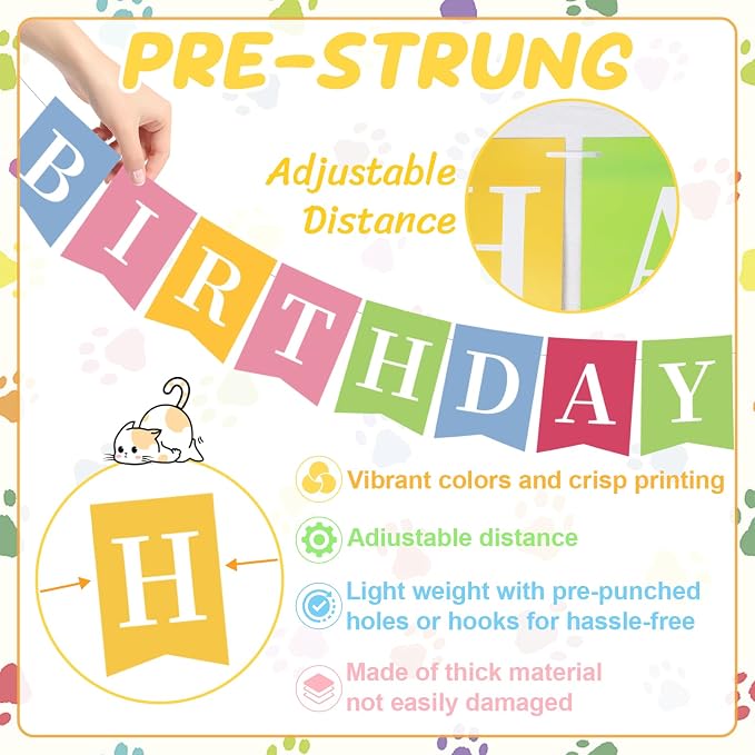 Cat Birthday Banner, Colorful Cat Themed Birthday Party Decorations, Cute - Image 3