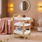 BarberPub Salon Storage Trolley with Shelves, Beauty SPA Rolling Cart with Lockable Wheels, 3-Tier Stylist Tool Organizer, Barber Mobile Station Equipment 2085 (Gold&White)