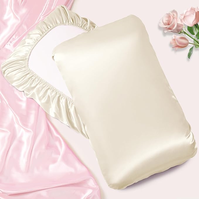 Manyshofu Satin Pillowcases for Hair Protection - 2Pcs Beige Pillow Cases, Elastic Band Standard & Queen Satin Pillowcases Luxury Silky Pillow Cases Travel Pillow Covers