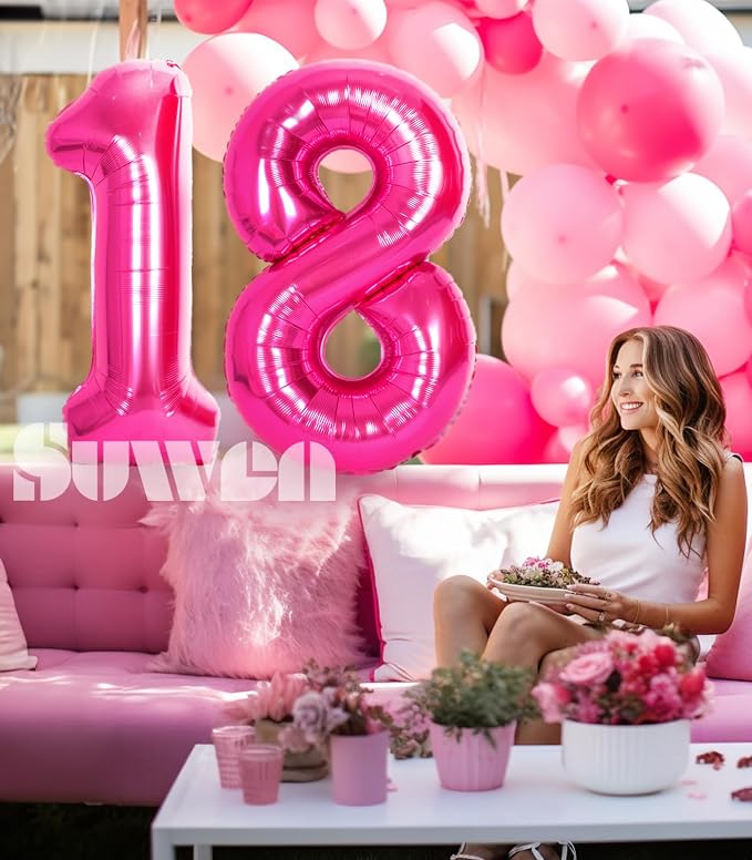 SUWEN 40 Inch Hot Pink Large 18 Number Balloons Big Foil Helium Number Balloons - Image 4