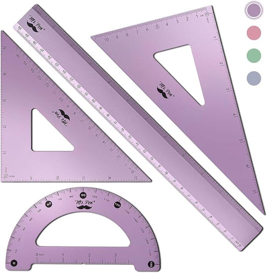 Mr. Pen- Metal Geometry Kit, 4 Pack, 45° & 30°/60° Set Squares | 6" Protractor by MrPen