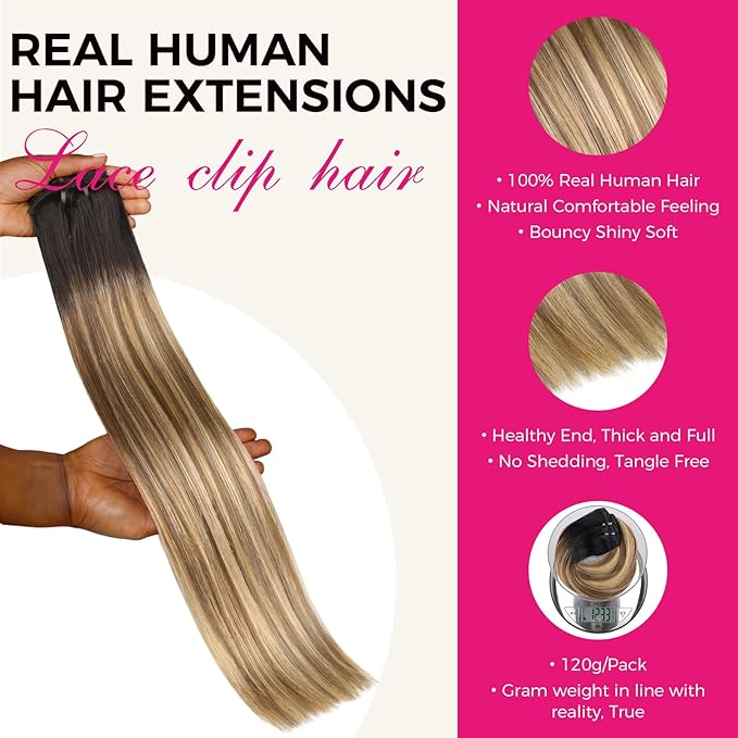 Lashey Clip ins Hair Extensions Real Human Hair 20 Inch Long Straight 120g 7pcs Balayage Ash Brown to Honey Blonde with Brown Root Real Human Hair Clip in Extensions