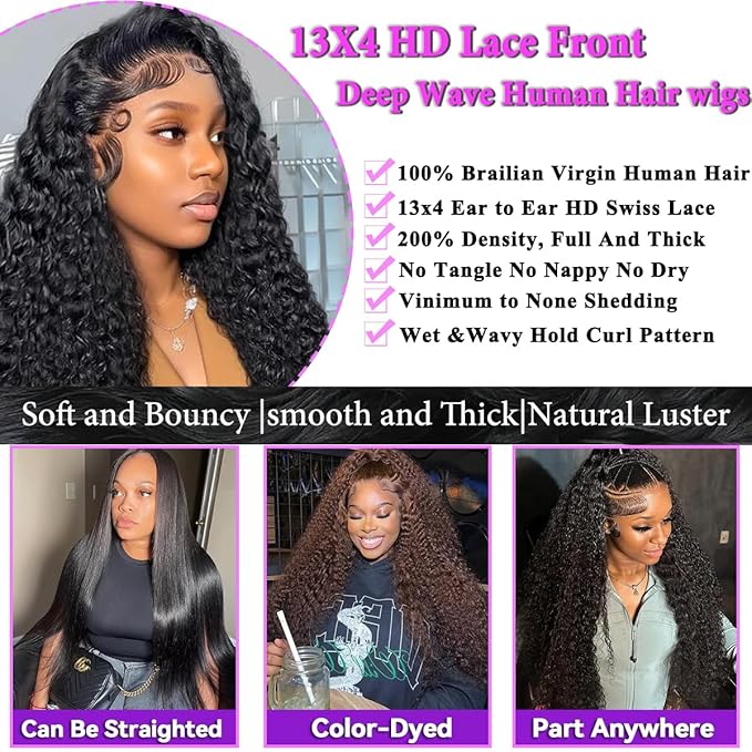 Aomllute Deep Wave Lace Front Wigs Human Hair 26 Inch 200 Density 13x4 HD Lace Front Wigs Human Hair for Women Glueless Curly Lace Front Wigs Human Hair Wigs Pre Plucked