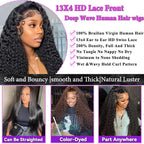 Aomllute 32 Inch Lace Front Wig Human Hair Pre Plucked 200 Density 13x4 HD Deep Wave Lace Frontal Wigs Human Hair with Baby Hair deep Curly human hair Wigs for Women Natural Black