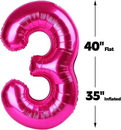 Hot Pink Number 3 Balloon 40 inch, Balloon numbers party supplies, deco photo - Image 2