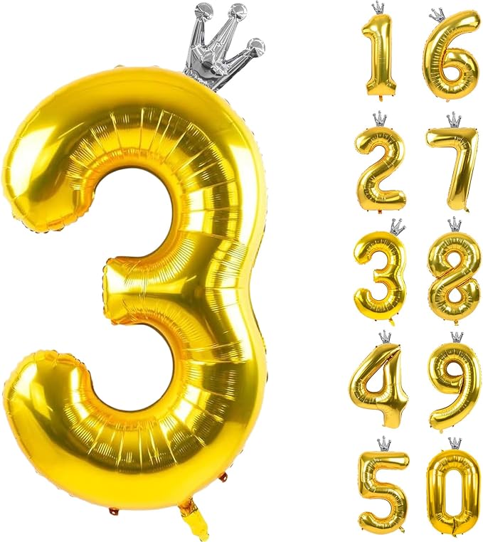Gold Number 3 Balloon with Crown, 40 inch Gold Number Balloon 3rd Birthday by Yeodong