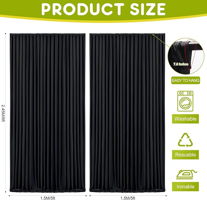 Black Backdrop Curtain for Wedding Parties Backdrop Drapes 10x8FT | Wrinkle - Image 2