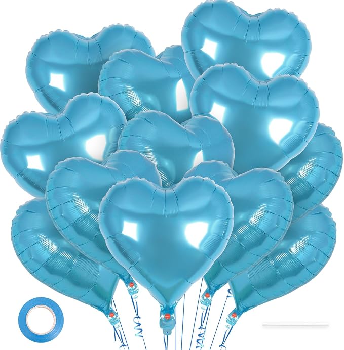 12 Pcs Light Blue Heart Balloons, 18 Inch Heart Foil Balloons Love Balloon by YOTHORN