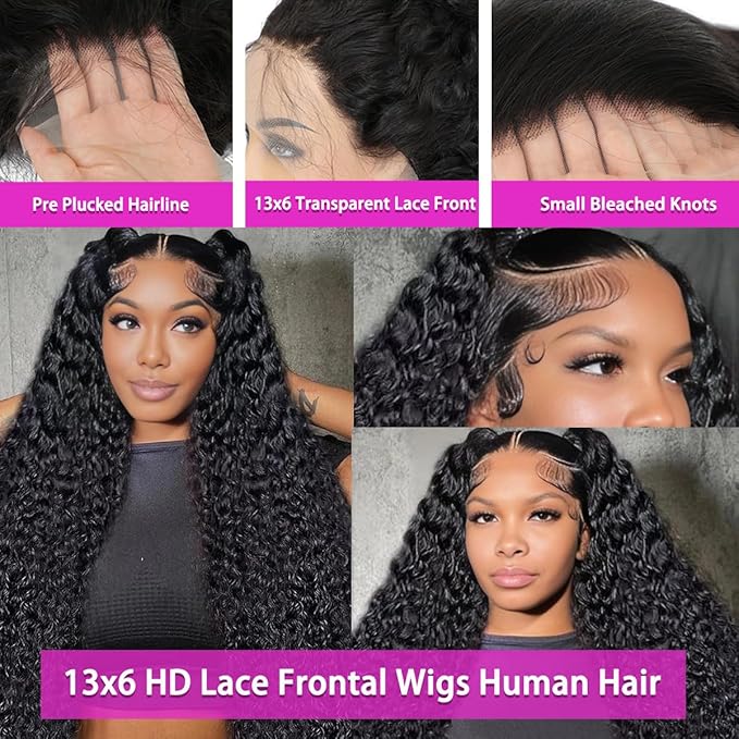 Deep Wave Lace Front Wigs Human Hair 13X6 HD Lace Frontal Wigs for Black Women Wet and Wavy Deep Curly Wig Human Hair Glueless Wigs Human Hair Pre Plucled 24Inch