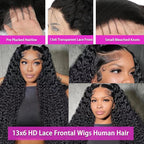 Deep Wave Lace Front Wigs Human Hair 13x6 HD Transparent 34Inch Deep Curly Lace Frontal Wigs Human Hair 210% Density Glueless Wigs Human Hair Natural Color